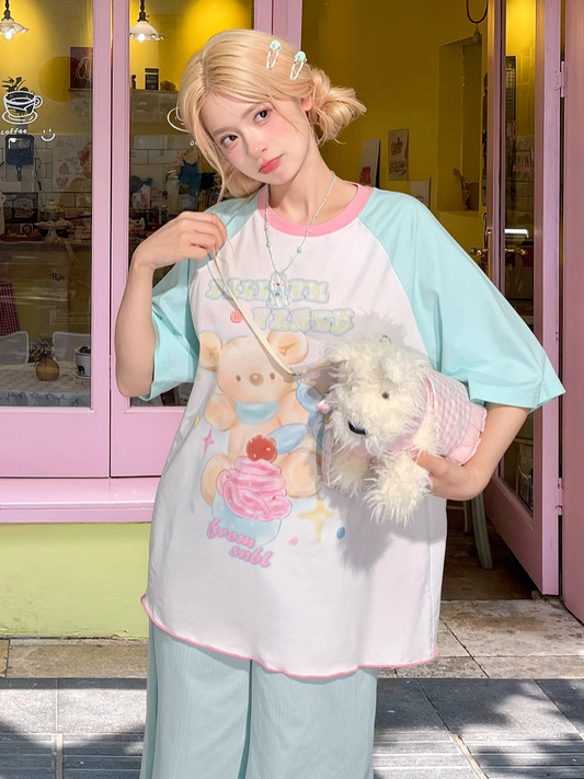 Cute Bear Print Mint Blue Colorblock Design Loose T-shirt