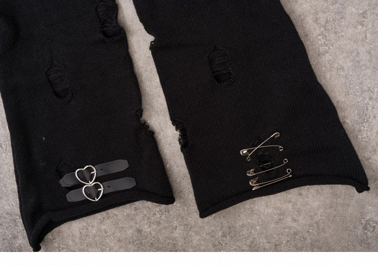 PU Buckles Gothic Black Distressed Holes Leg Warmers