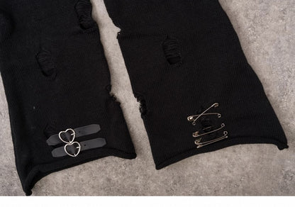 PU Buckles Gothic Black Distressed Holes Leg Warmers