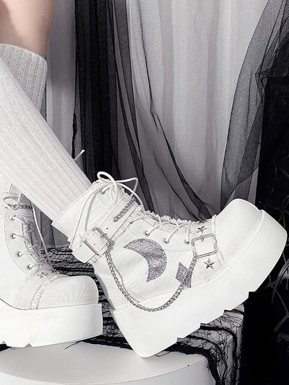 White Moon Applique Buckle Ankle Strap Platform Boots