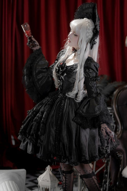 Black Layered Bell Sleeves Kuro Gothic Lolita Dress Bowknot Details and Drawstring Skirt