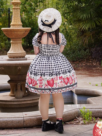 Plus Size Black Bow and Strawberry Print Lolita Gingham Dress