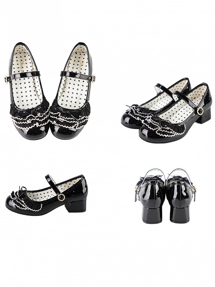 Black Beaded Round Buckle Bowknot Decorated Multiple Layers Lace Mary Janes