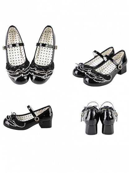 Black Beaded Round Buckle Bowknot Decorated Multiple Layers Lace Mary Janes