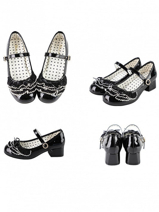 Black Beaded Round Buckle Bowknot Decorated Multiple Layers Lace Mary Janes