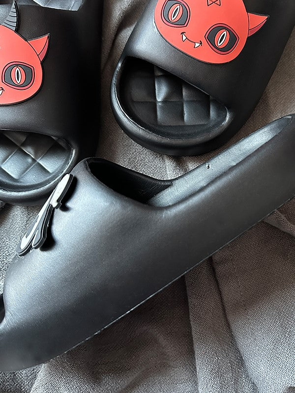 Black Gothic Summer Slippers With Red Devil Applique