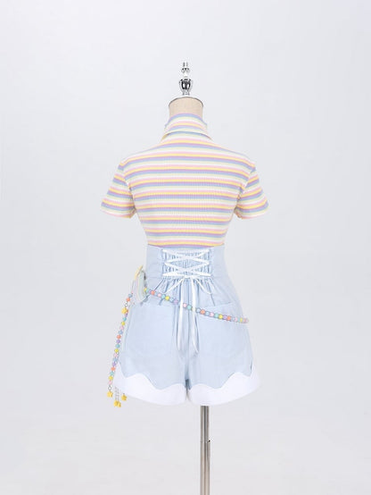 Blue High Waist Shorts with Rainbow Beaded Waist Bowknot Chain