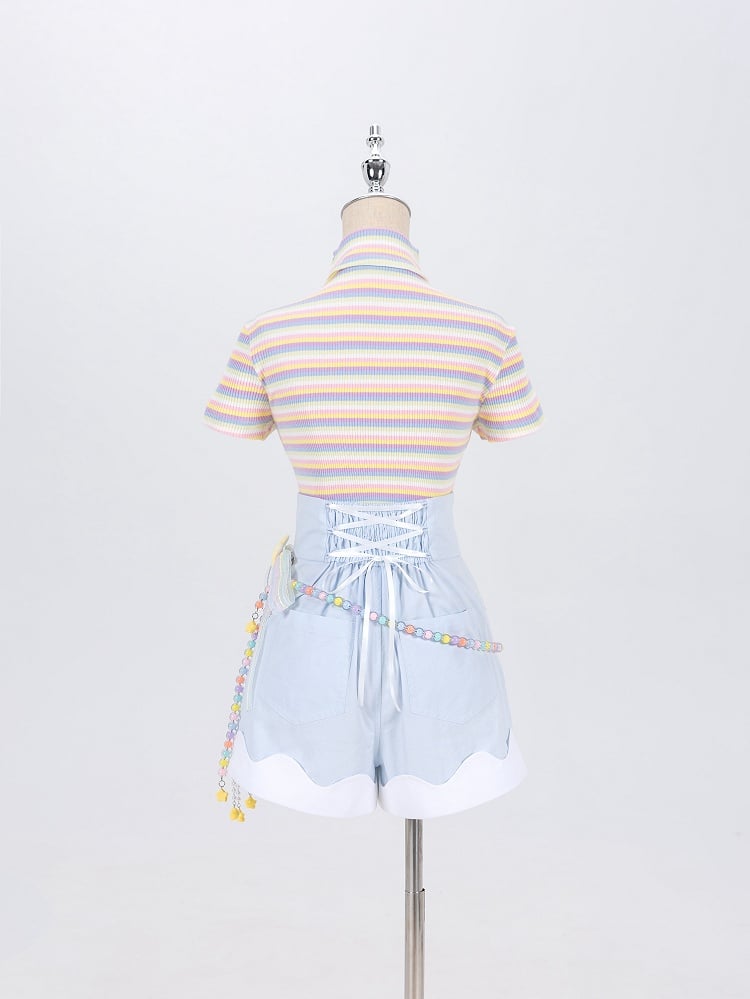 Blue High Waist Shorts with Rainbow Beaded Waist Bowknot Chain