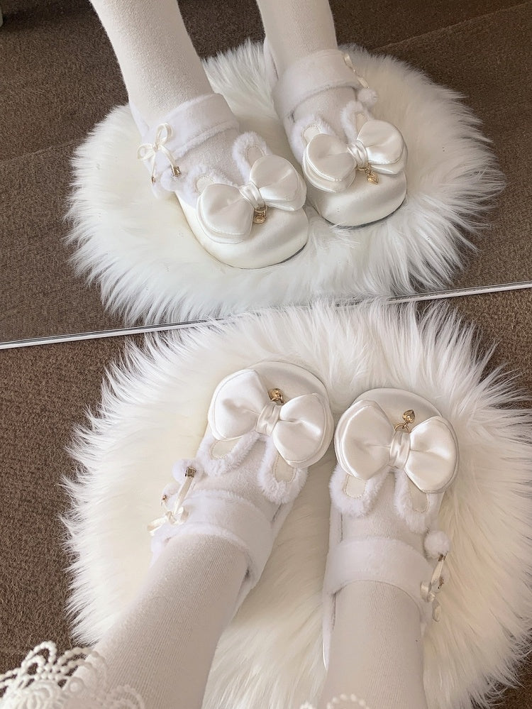 White Sweet Lolita Heart Charm Plush Bunny Ear Bow at Top Round Toe Shoes