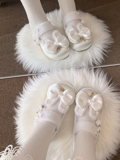 White Sweet Lolita Heart Charm Plush Bunny Ear Bow at Top Round Toe Shoes