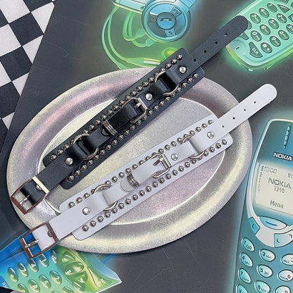 Black/White Pop Punk Studs Details Buckle Decorated Bracelet