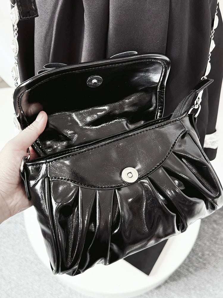 Black Jirai Kei Crossbody Bag - Interchangeable Rhinestone Strap & Crown Bow with Heart Bag