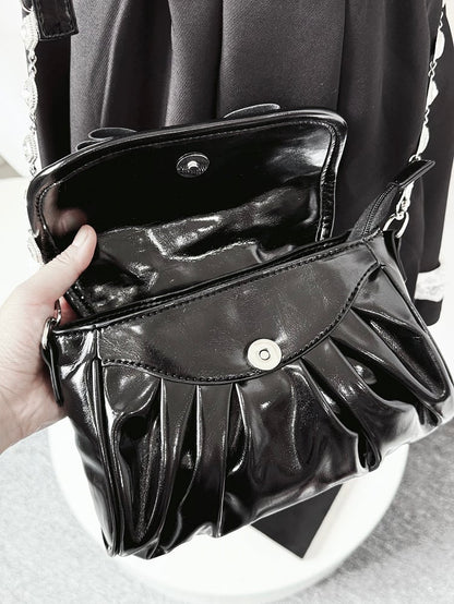 Black Jirai Kei Crossbody Bag - Interchangeable Rhinestone Strap & Crown Bow with Heart Bag