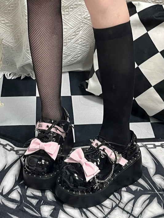 Y2K Polished Black&Pink Stud Bowknot Spider Design Punk Platform Shoes