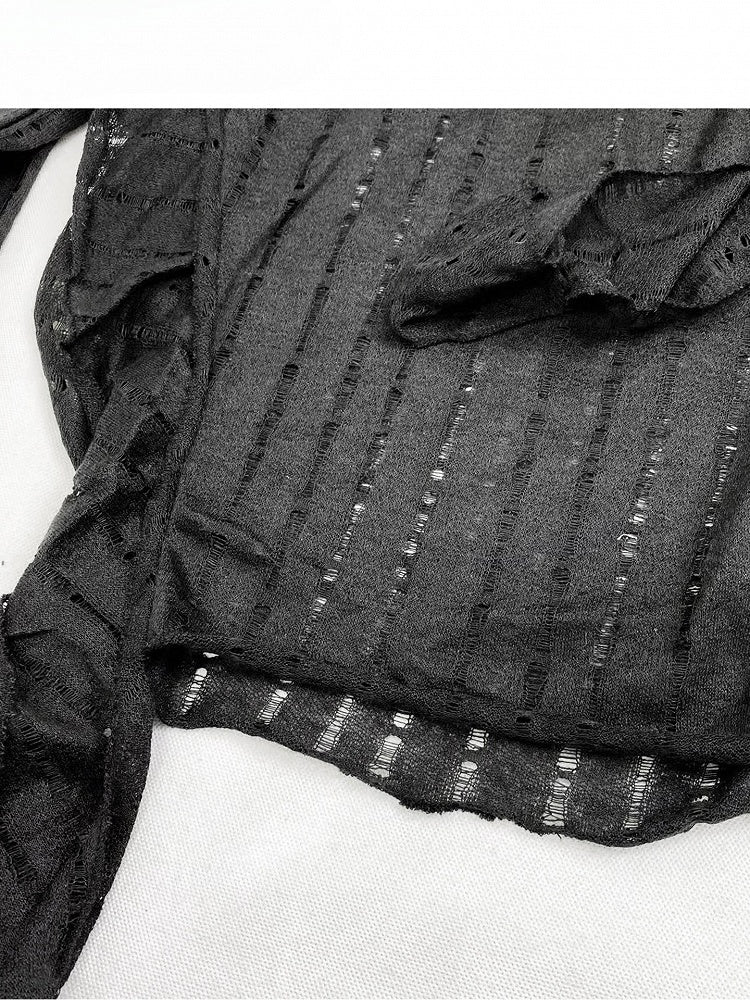 Black Cutout Detail Asymmetrical Hem Long Sleeves Top + Scarf