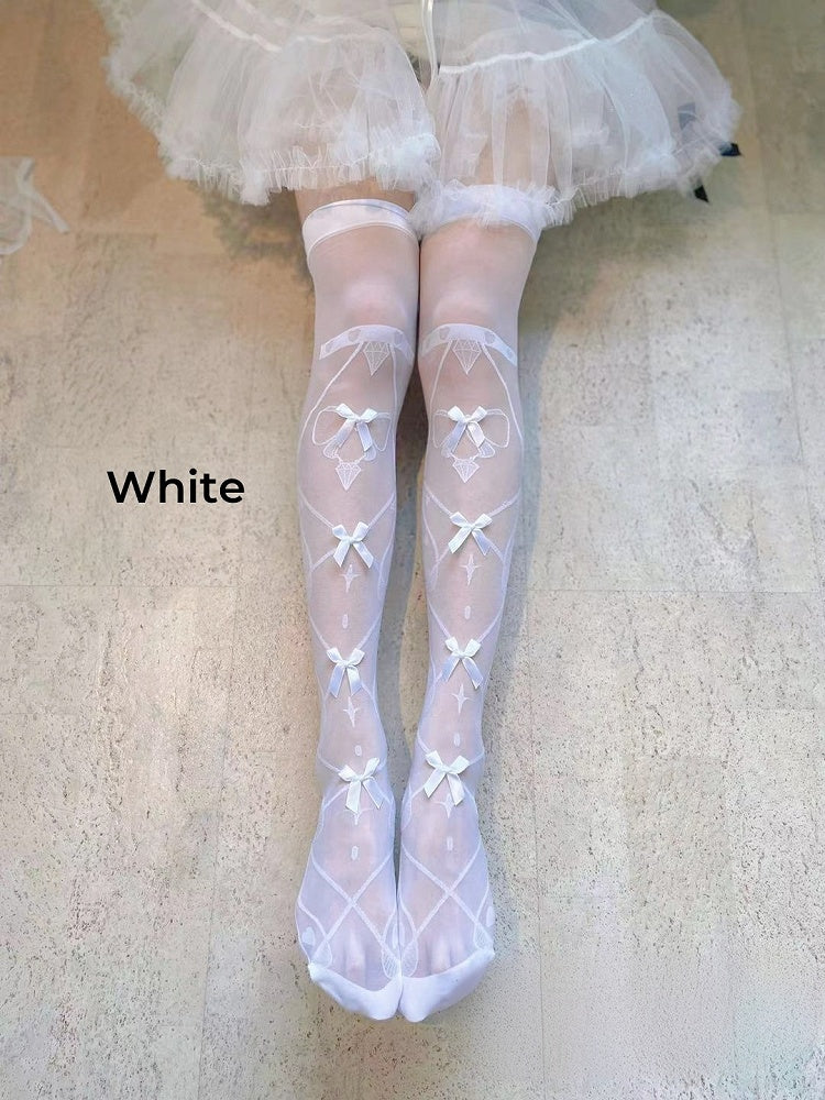 8 Colors Bowknot Details Crisscorss Banded Print Lolita Over Knee Stockings