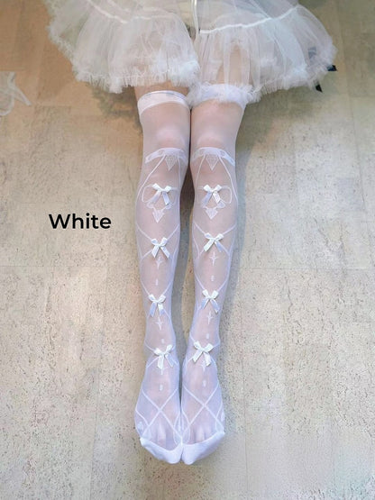 8 Colors Bowknot Details Crisscorss Banded Print Lolita Over Knee Stockings