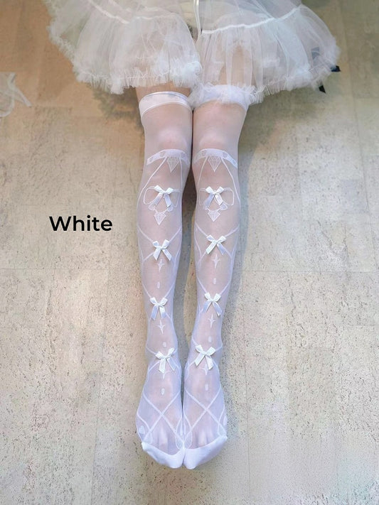 8 Colors Bowknot Details Crisscorss Banded Print Lolita Over Knee Stockings