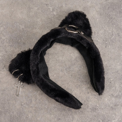 Cross Charm Black Gothic Plush Kitty Ears KC