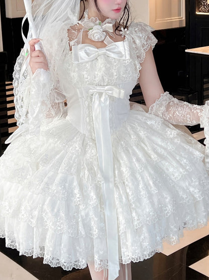 White Tiered Lace Square Neckline Shiro Dress with Bow Accents