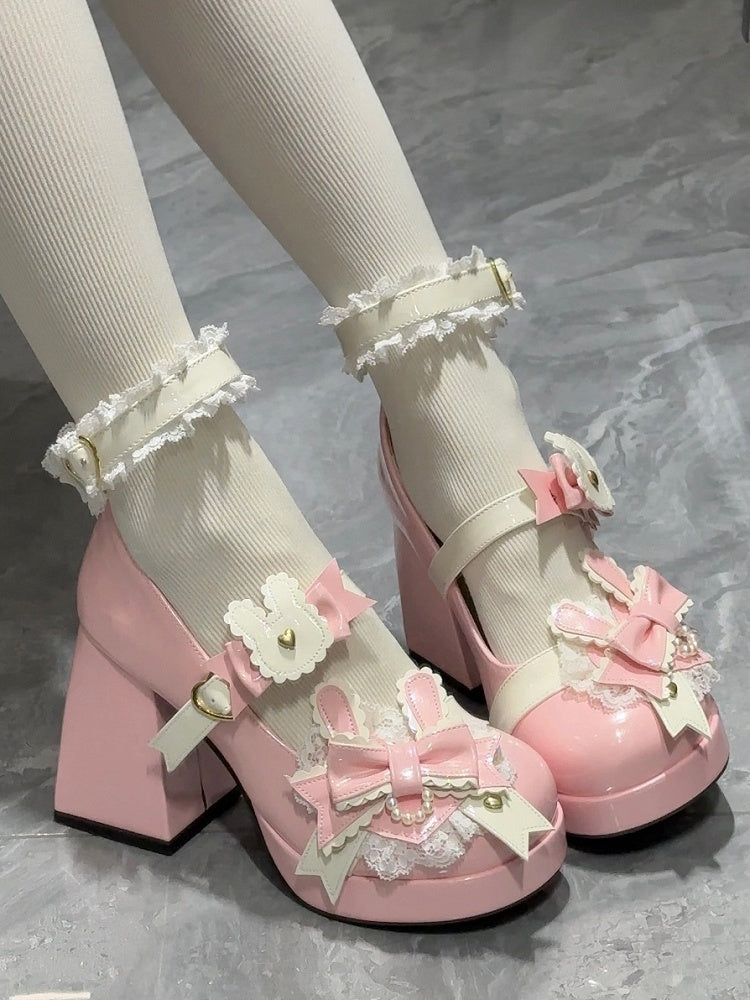 Polished Pink Sweet Lolita Bunny Decorated Bowknot Details Lace Trim Platform High Block Heels