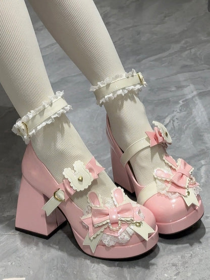 Polished Pink Sweet Lolita Bunny Decorated Bowknot Details Lace Trim Platform High Block Heels