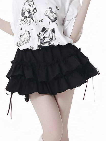 Black/Plaid Elastic Waist Tiered Skirt Bloomers Lining