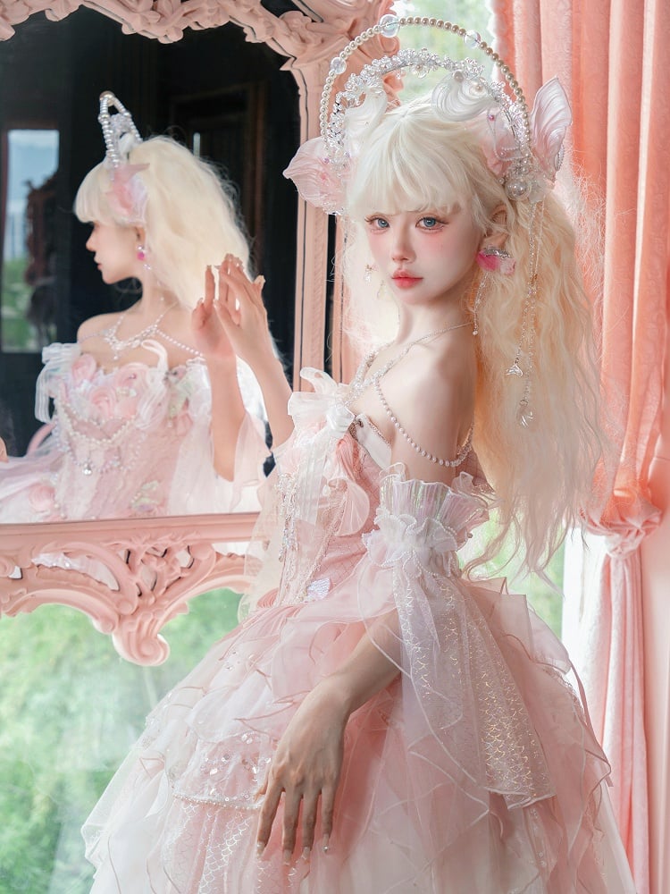 Light Pink Corset Waist Princess Lolita Beads and Sequins Detail Cascading Ruffle Accents Fairy Layered Dress