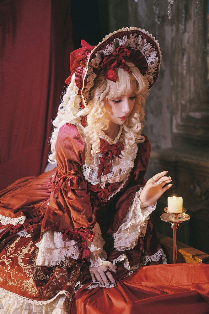 Candle and Candlestick Embroidery Red Bell Sleeves Velvet Dress Lolita OP / Set