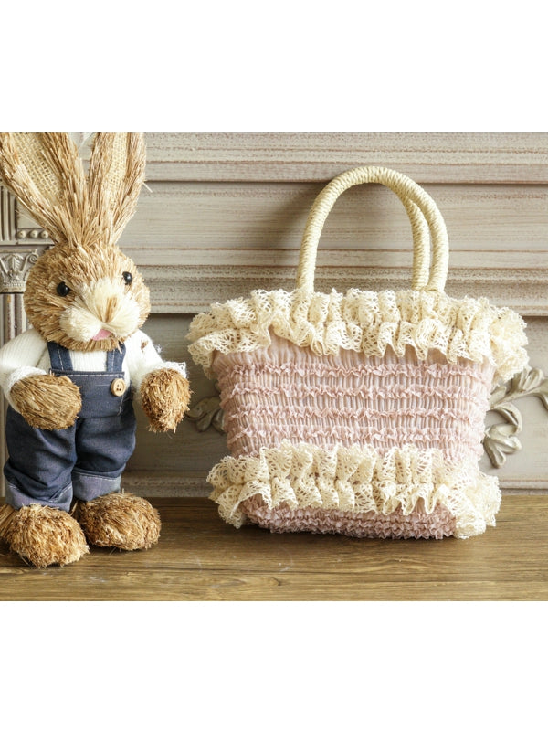 Beige/Pink Ruffled Lace-Trimmed Rural Woven Handbag