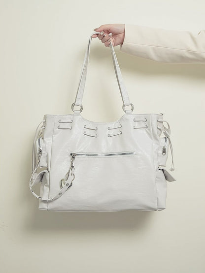 White Soft Tote Bag With Large Capacity&Stud Details