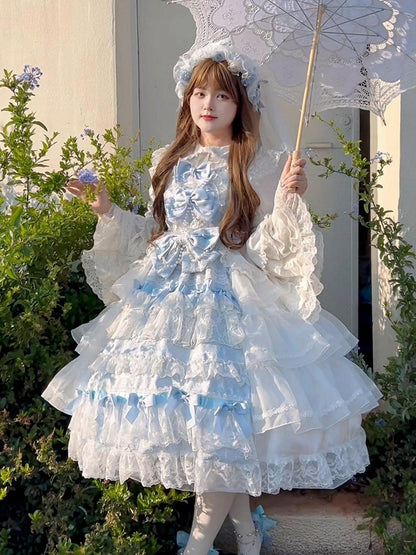White and Blue Hanayome Bows Decoration Tiered Skirt Hime Dress Lolita JSK Full Set