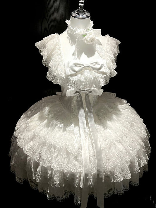 White Tiered Lace Square Neckline Shiro Dress with Bow Accents
