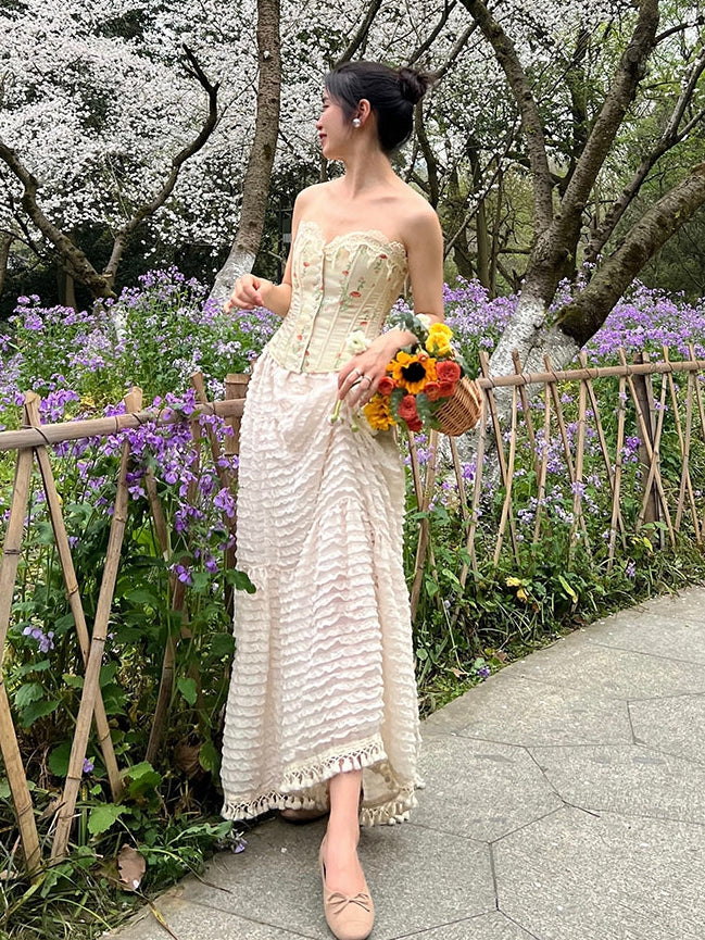 Apricot Floral Print Cotton Bustier Boned Corset Top