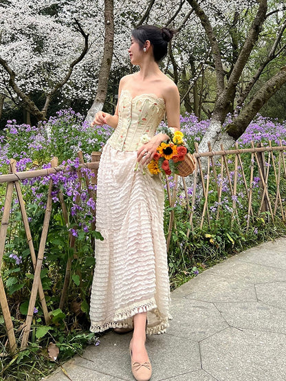 Apricot Floral Print Cotton Bustier Boned Corset Top