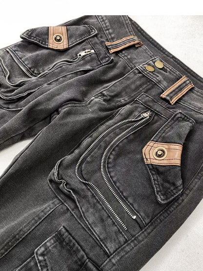 Millard Fashion Vintage Black Wasteland Punk Distressed Design Flared Jeans with Cargo Pockets