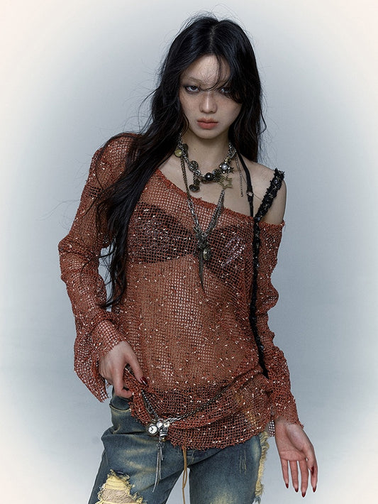 Shoulder Strap Design Punk Hollow Out Long Sleeves Top Beige/Brown/Orange