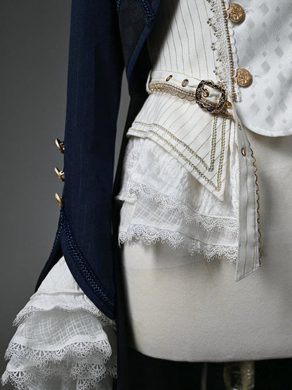 Ouji Fashion Lolita Knight Outfit - White Long Sleeves Top + Dark Blue One-shoulder Cape Tailcoat