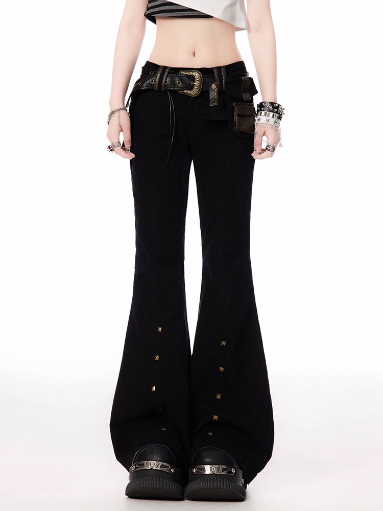 Black Low Waist Studded Cuffs Flared Pants with Buckle Belt
