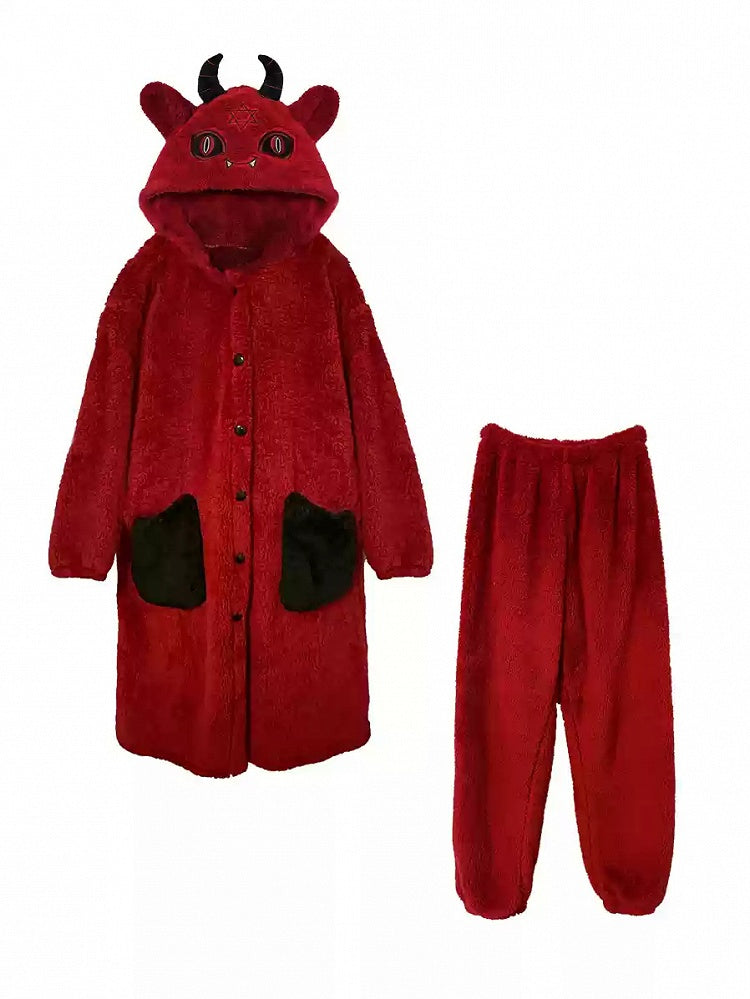 Red Devil Gothic Winter Plush Pajama Set Nightgown with Pants