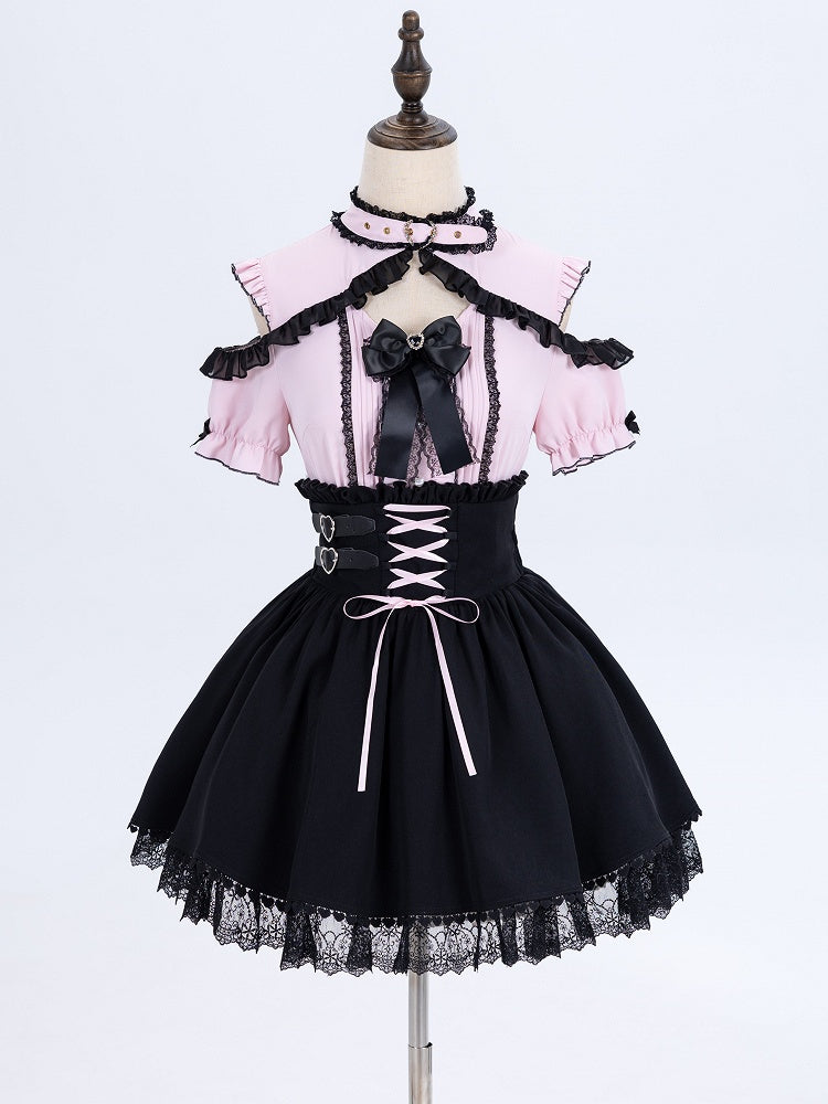 Jirai Kei High Waist Black Skirt Shirring Back Lace-up Front