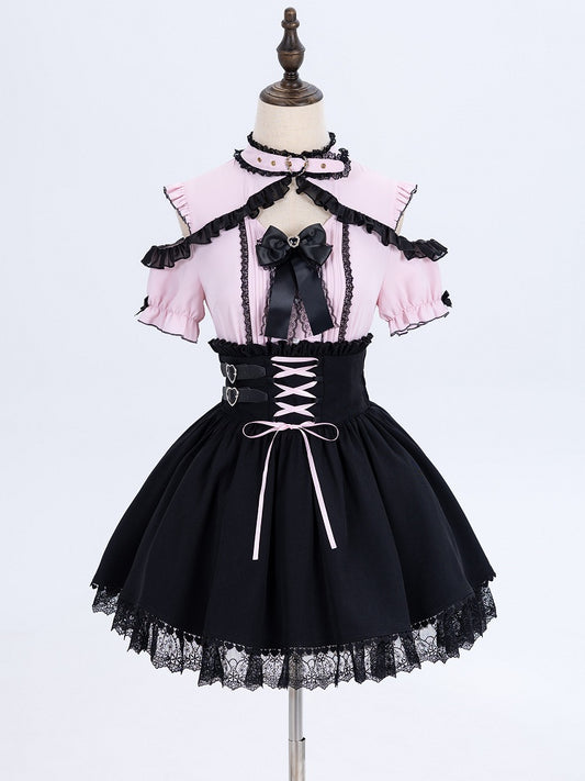 Jirai Kei High Waist Black Skirt Shirring Back Lace-up Front