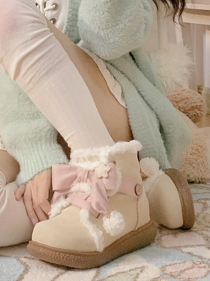 Plush Lining with Pink Bow Decor & Classic Lacing Beige Boots in Sweet Lolita