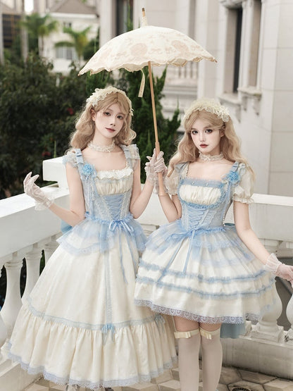 Beige and Light Blue Lace Trims Square Neckline Lolita Dress Short Sleeves OP Full Set