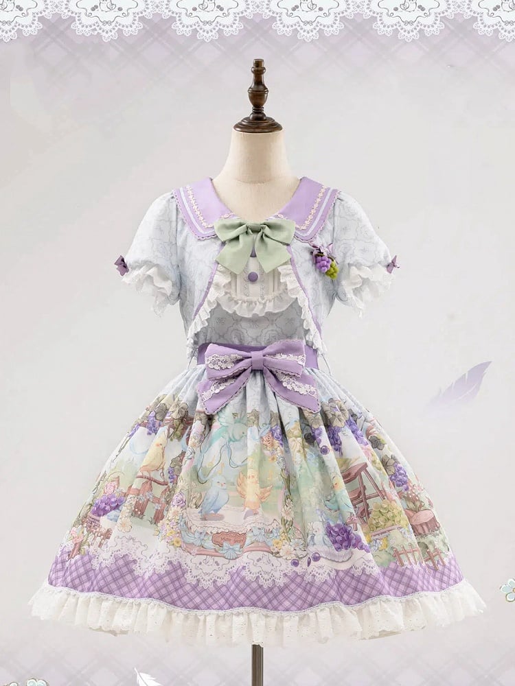 Cute Parrot and Grapes Print Sweet Lolita Short Sleeves Dress Fake Two-pieces Design