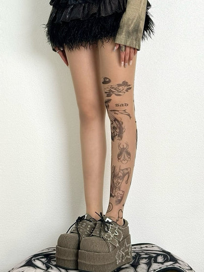 Nude Butterfly Rosette And Cartoon Girl Print Tights