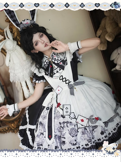 Alice in Wonderland Vibes Black and White Bunny and Teapot Print Apron Dress Sweet Lolita OP / Full Set