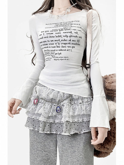 White Bittersweet Letter Print Asymmetrical Hem Bell Sleeves Top