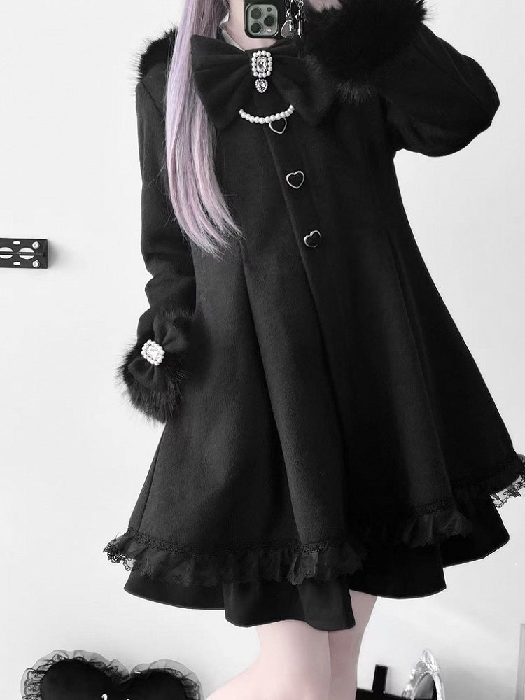 Jirai Kei Black A-Line Coat with Detachable Bunny Hood | Plush Ears & Cuffs | Wool Blend