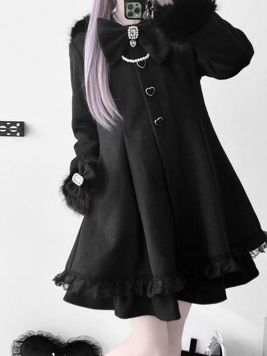 Jirai Kei Black A-Line Coat with Detachable Bunny Hood | Plush Ears & Cuffs | Wool Blend